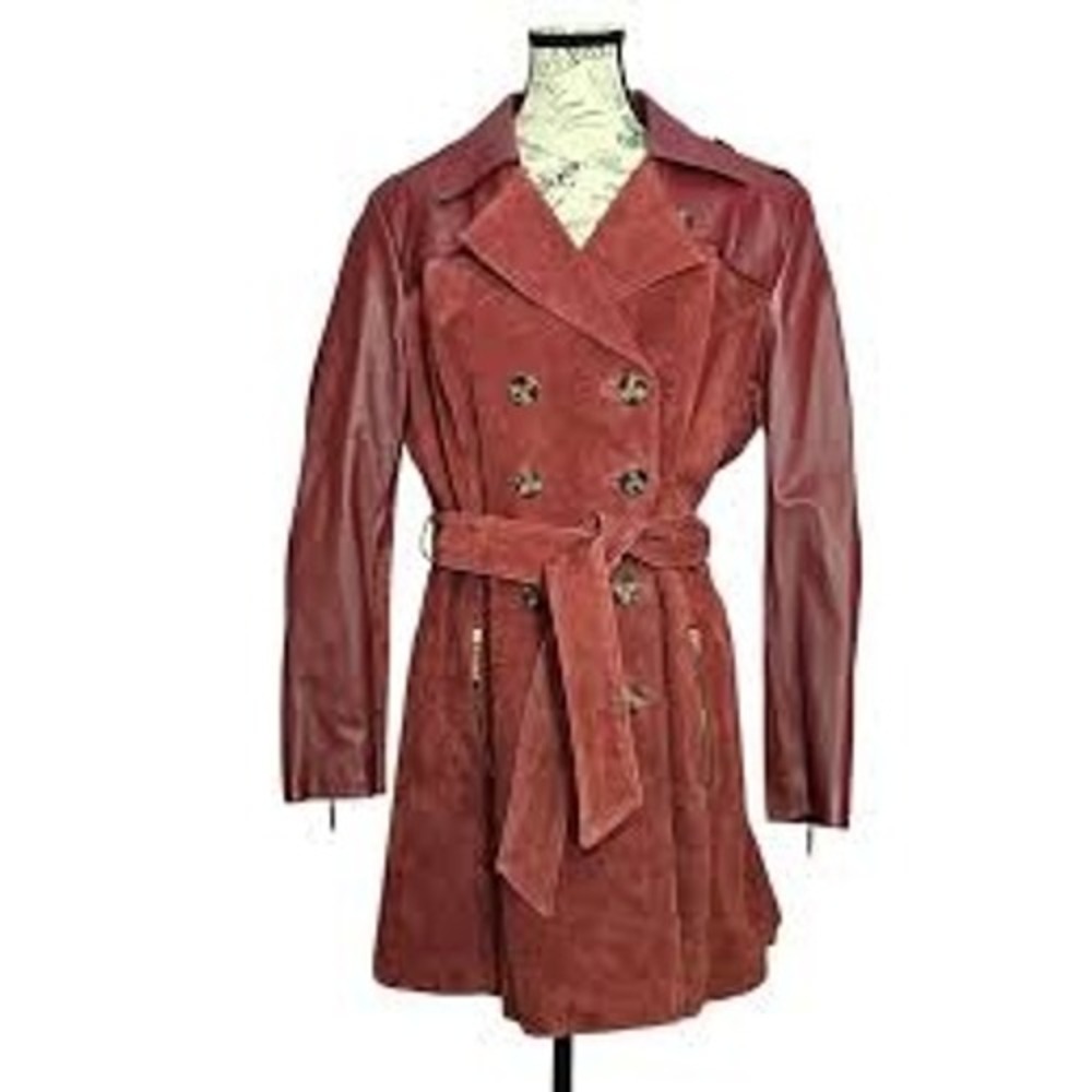 IMAN Women Trench Coat XL Burgundy Mixed Media Suede Leather Double Breast
